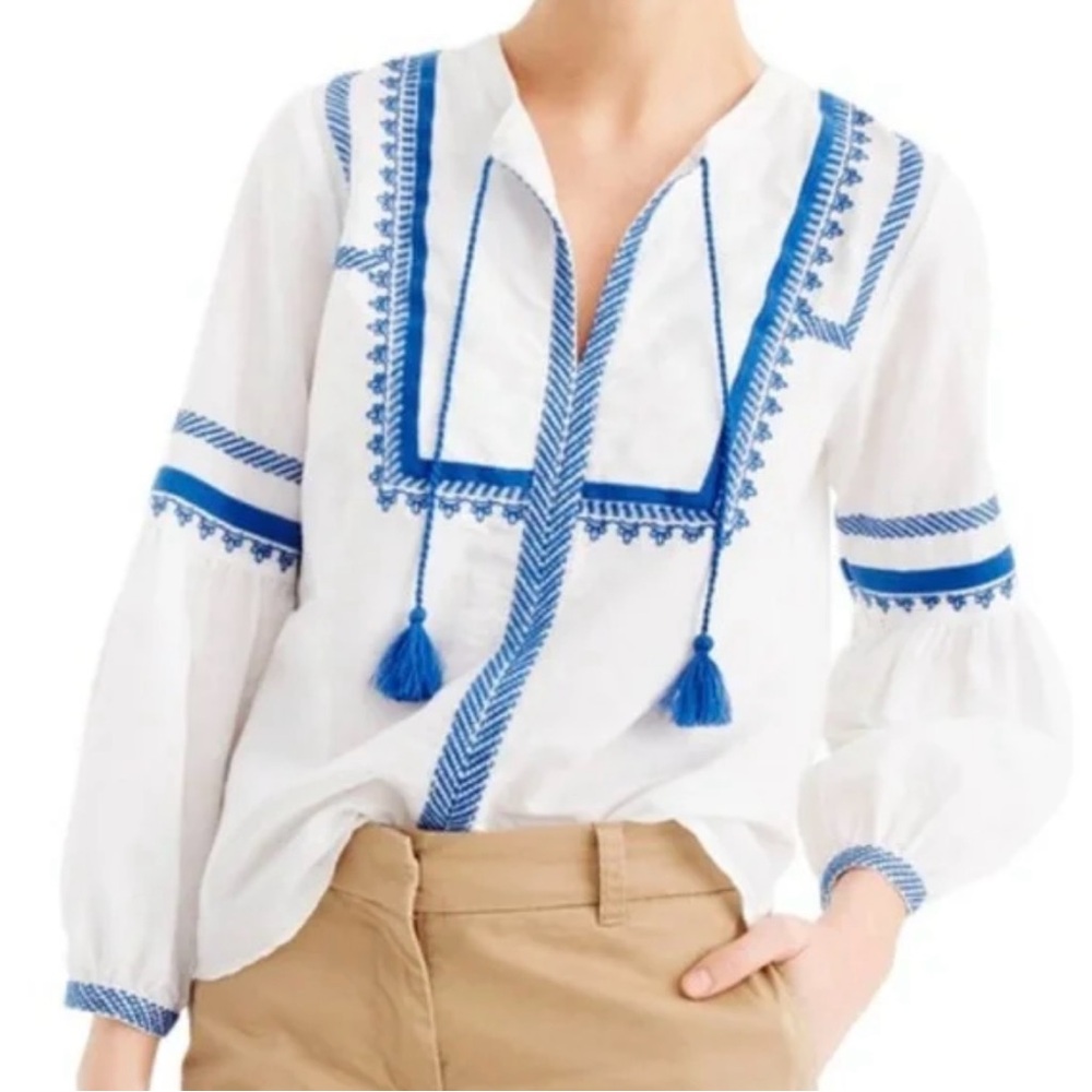 J. Crew Boho White Blue Embroidered Tie Neck Blouse Size 8